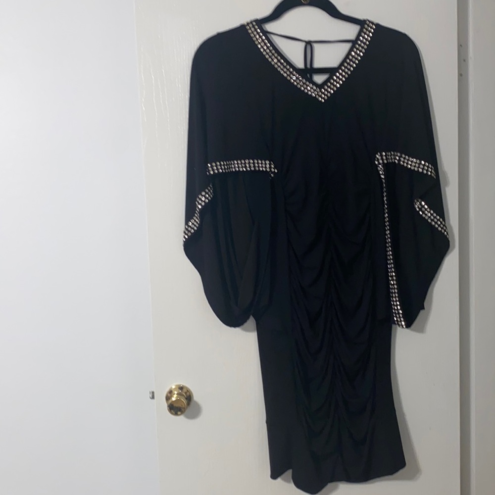 Ashro black bedazzled batwing dress.  One photo is of batwing sleeve.